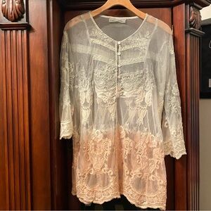 Romantic Boho Sheer Lace Tunic Top or Mini Dress OS Delicate Ivory Green Pink